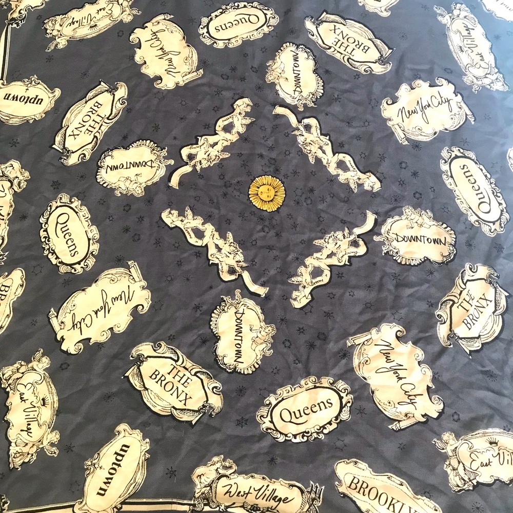 JCREW wool scarf indigo gray background ivory graphics of areas in NY